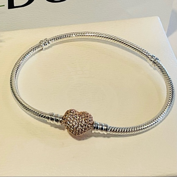 New Authentic Pandora Rose Gold Pave Heart Clasp Bracelet - Picture 2 of 4